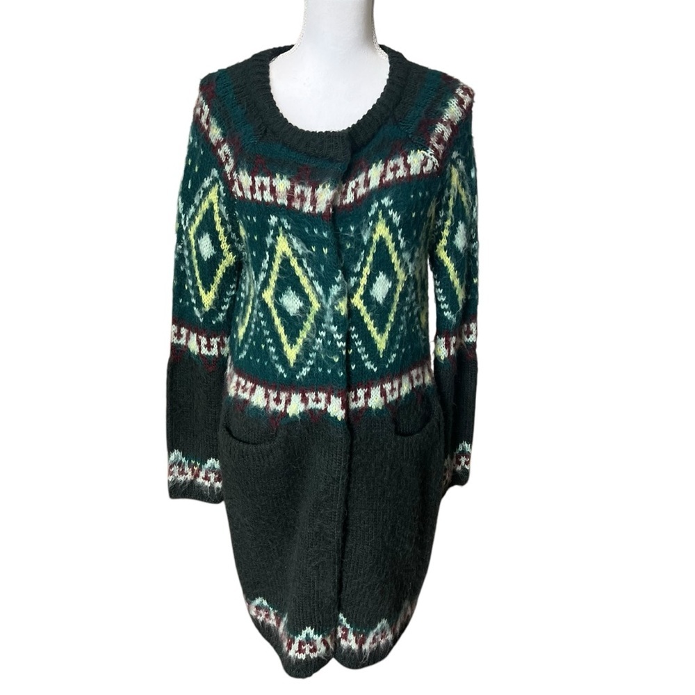 Free People Green‎ Fair Isle Long Mohair Blend Snap Button Cardigan Size Small